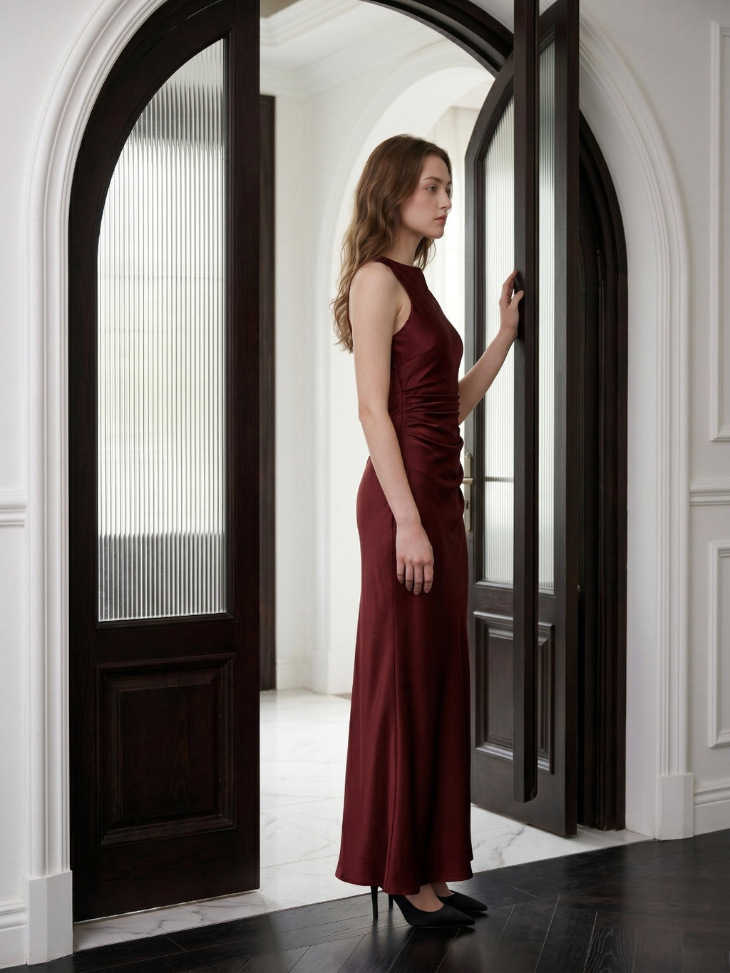 Burgundy Satin Sheath Scoop Neck Floor-Length Bridesmaid Dress with Pleats