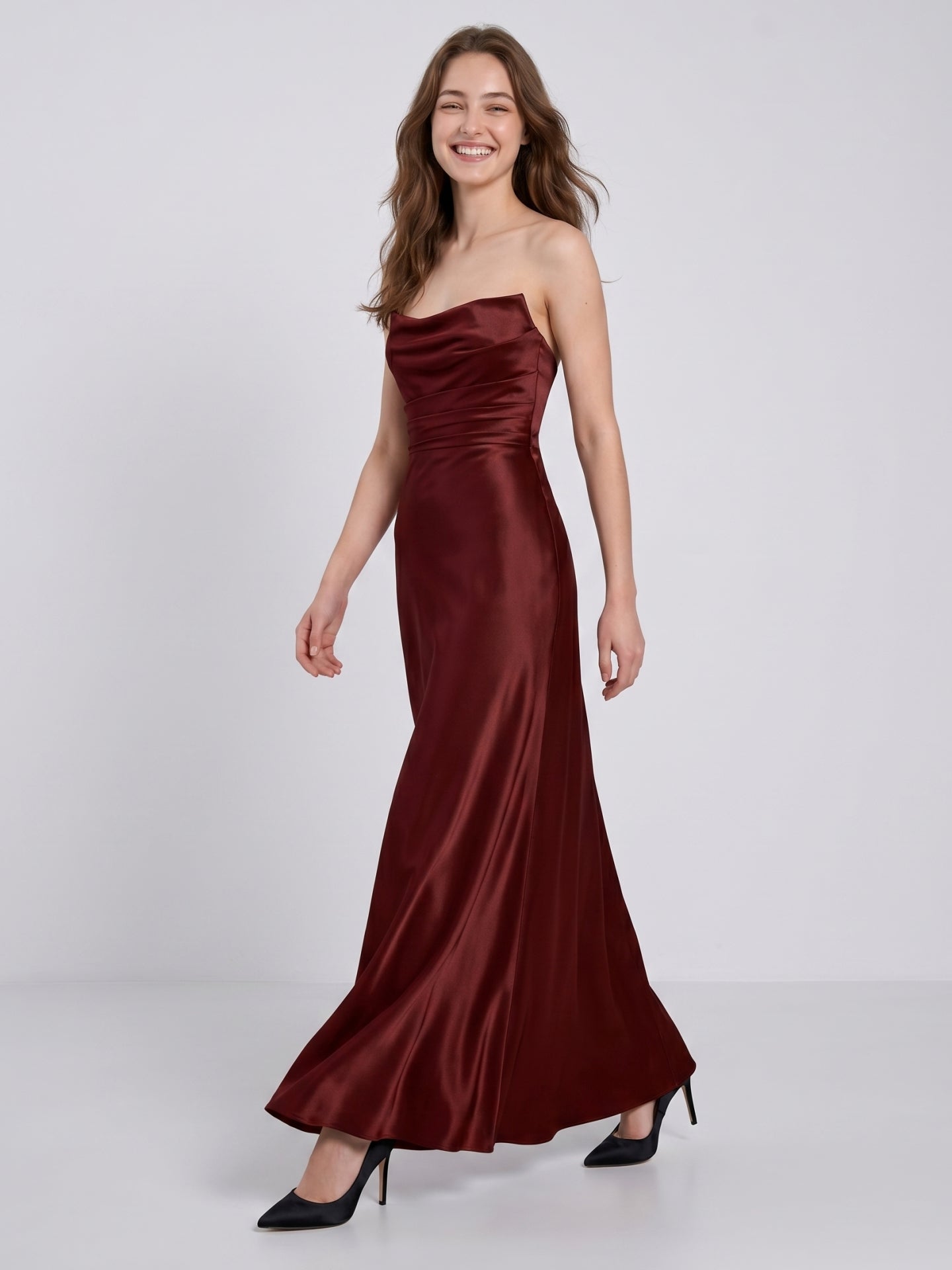 Burgundy Satin Sheath Straight Neck Backless Ankle-Length Bridesmaid Dress with Pleats