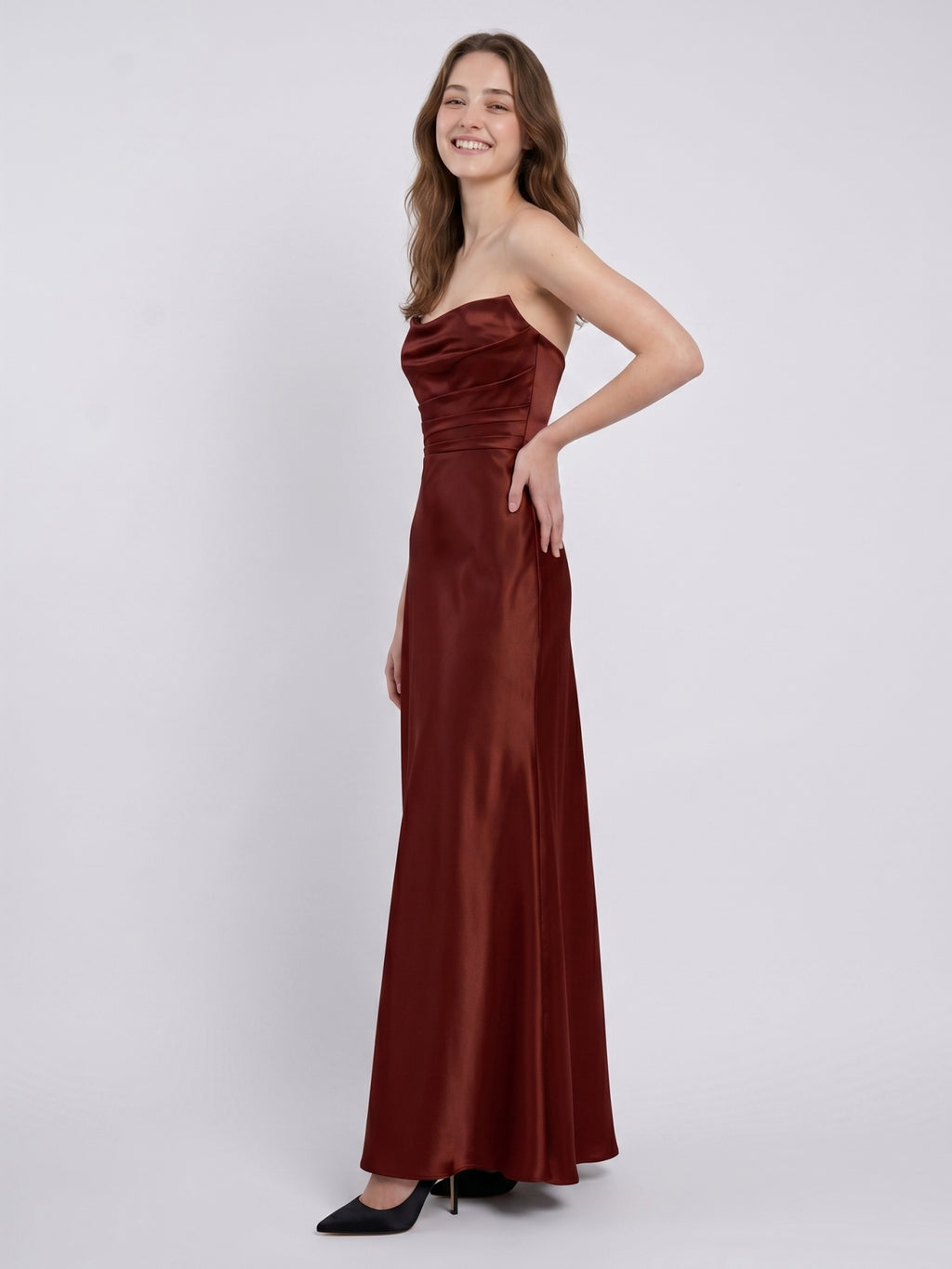 Burgundy Satin Sheath Straight Neck Backless Ankle-Length Bridesmaid Dress with Pleats