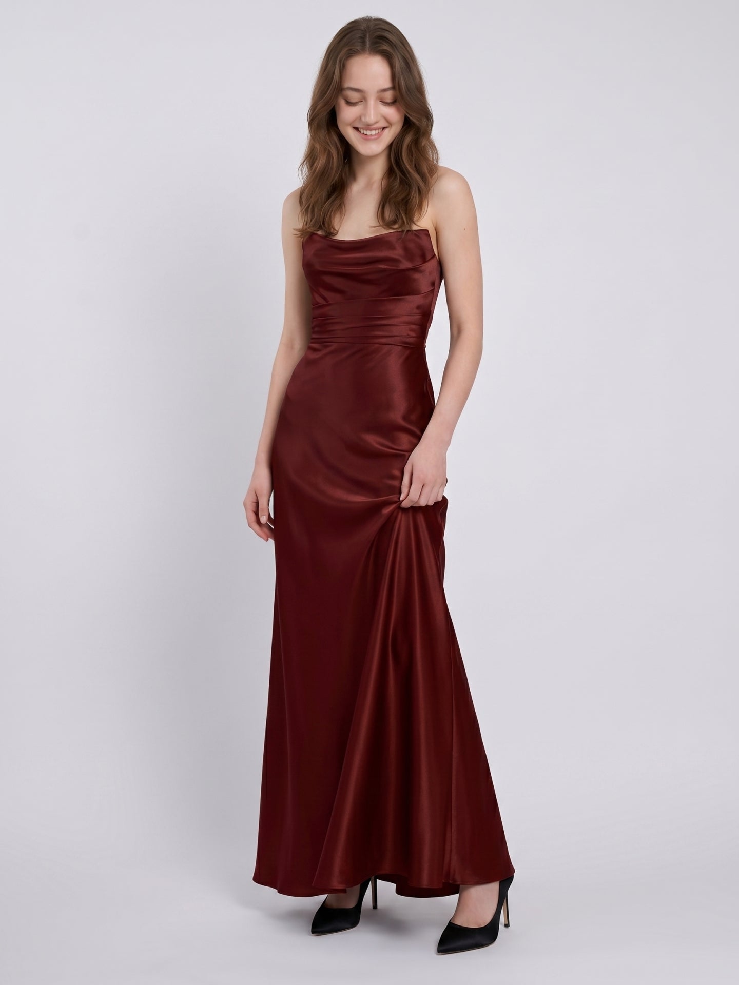 Burgundy Satin Sheath Straight Neck Backless Ankle-Length Bridesmaid Dress with Pleats