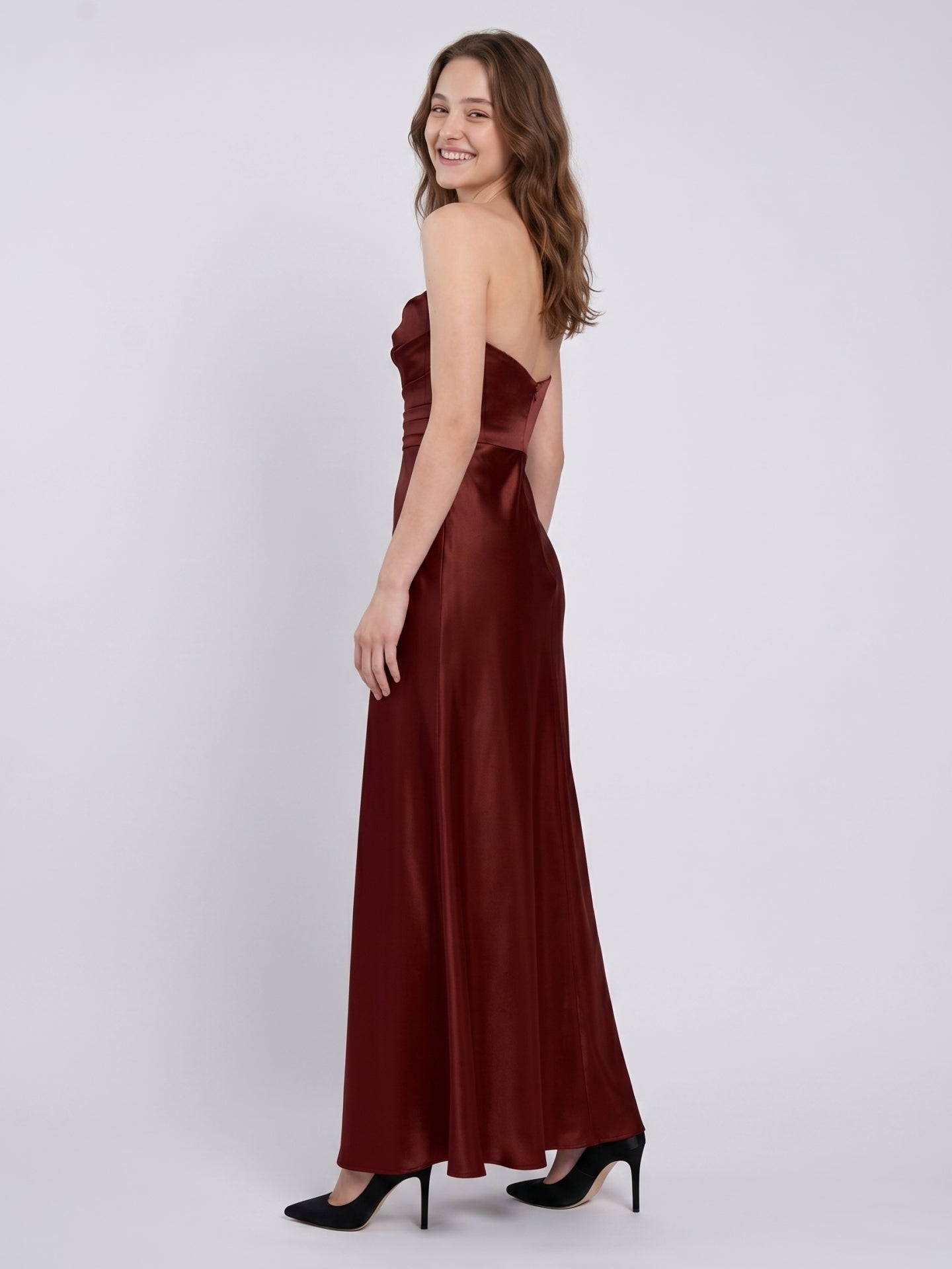 Burgundy Satin Sheath Straight Neck Backless Ankle-Length Bridesmaid Dress with Pleats