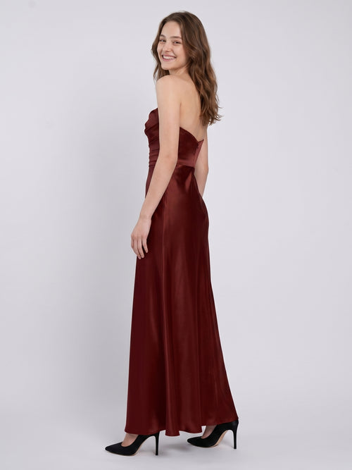 Burgundy Satin Sheath Straight Neck Backless Ankle-Length Bridesmaid Dress with Pleats