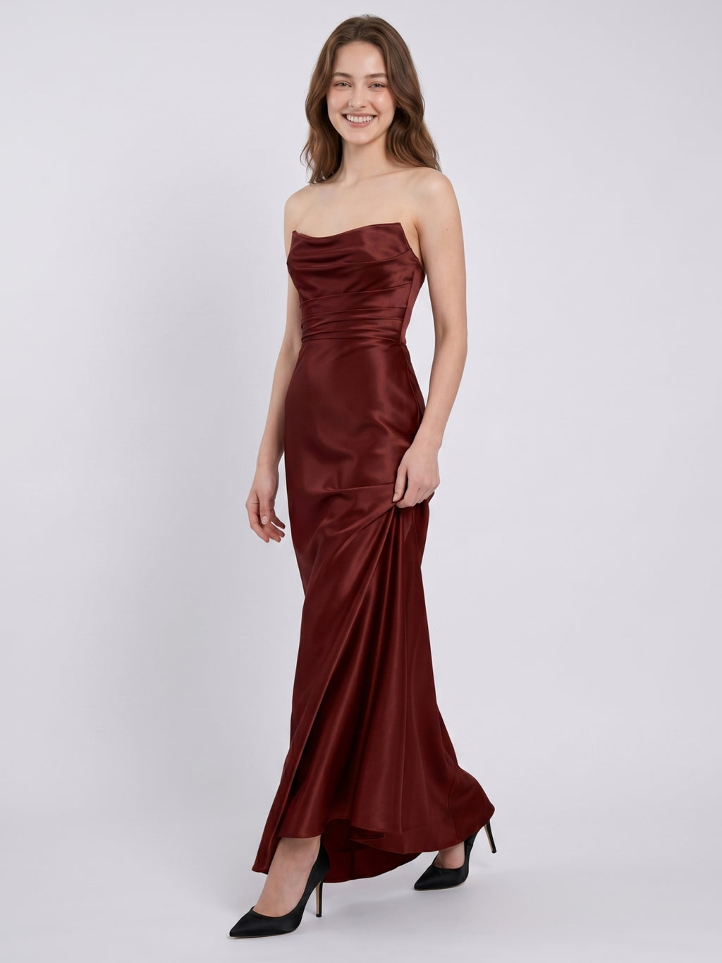 Burgundy Satin Sheath Straight Neck Backless Ankle-Length Bridesmaid Dress with Pleats