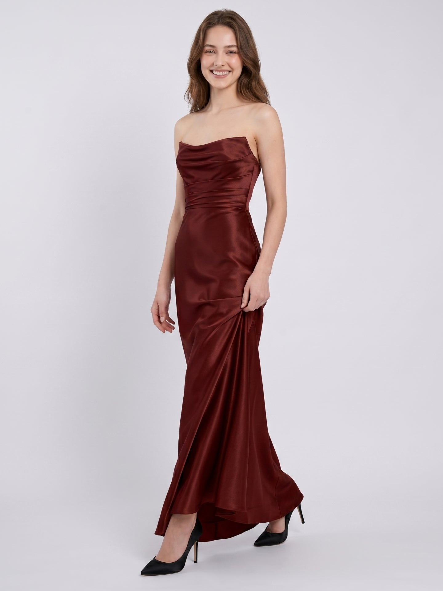 Burgundy Satin Sheath Straight Neck Backless Ankle-Length Bridesmaid Dress with Pleats
