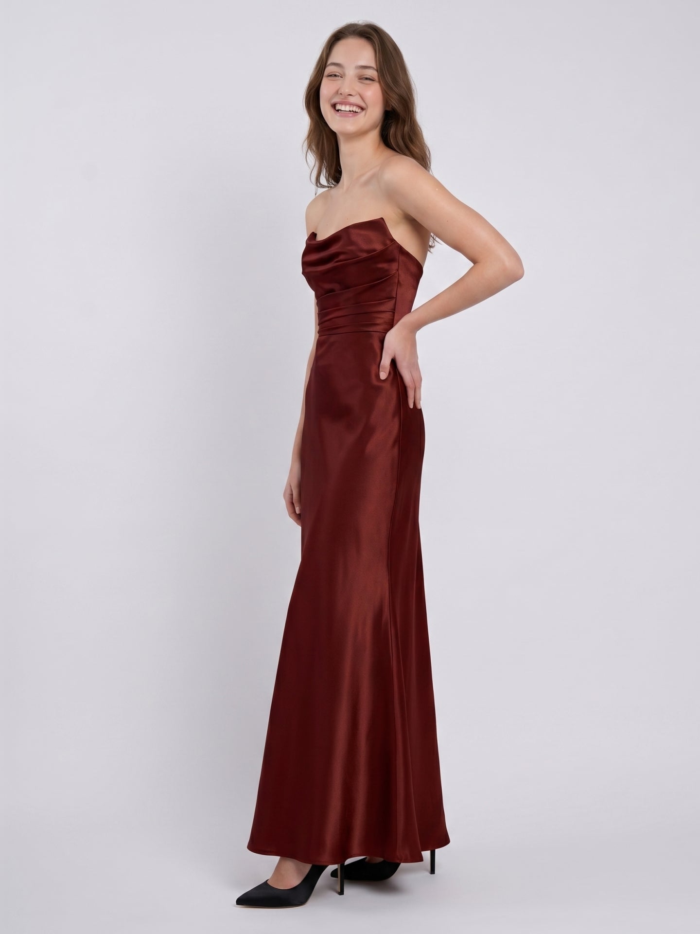Burgundy Satin Sheath Straight Neck Backless Ankle-Length Bridesmaid Dress with Pleats