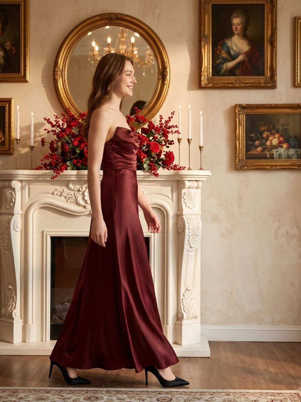Burgundy Satin Sheath Straight Neck Backless Ankle-Length Bridesmaid Dress with Pleats