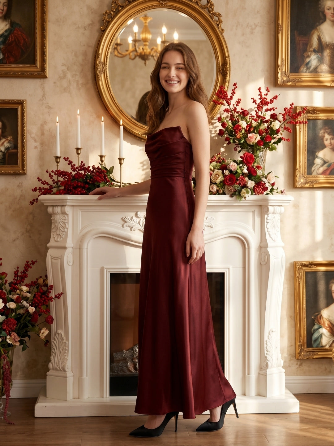 Burgundy Satin Sheath Straight Neck Backless Ankle-Length Bridesmaid Dress with Pleats