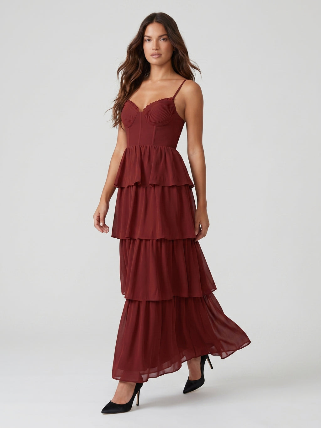 Burgundy Chiffon A-Line Sweetheart Backless Ankle-Length Bridesmaid Dress with Ruffles