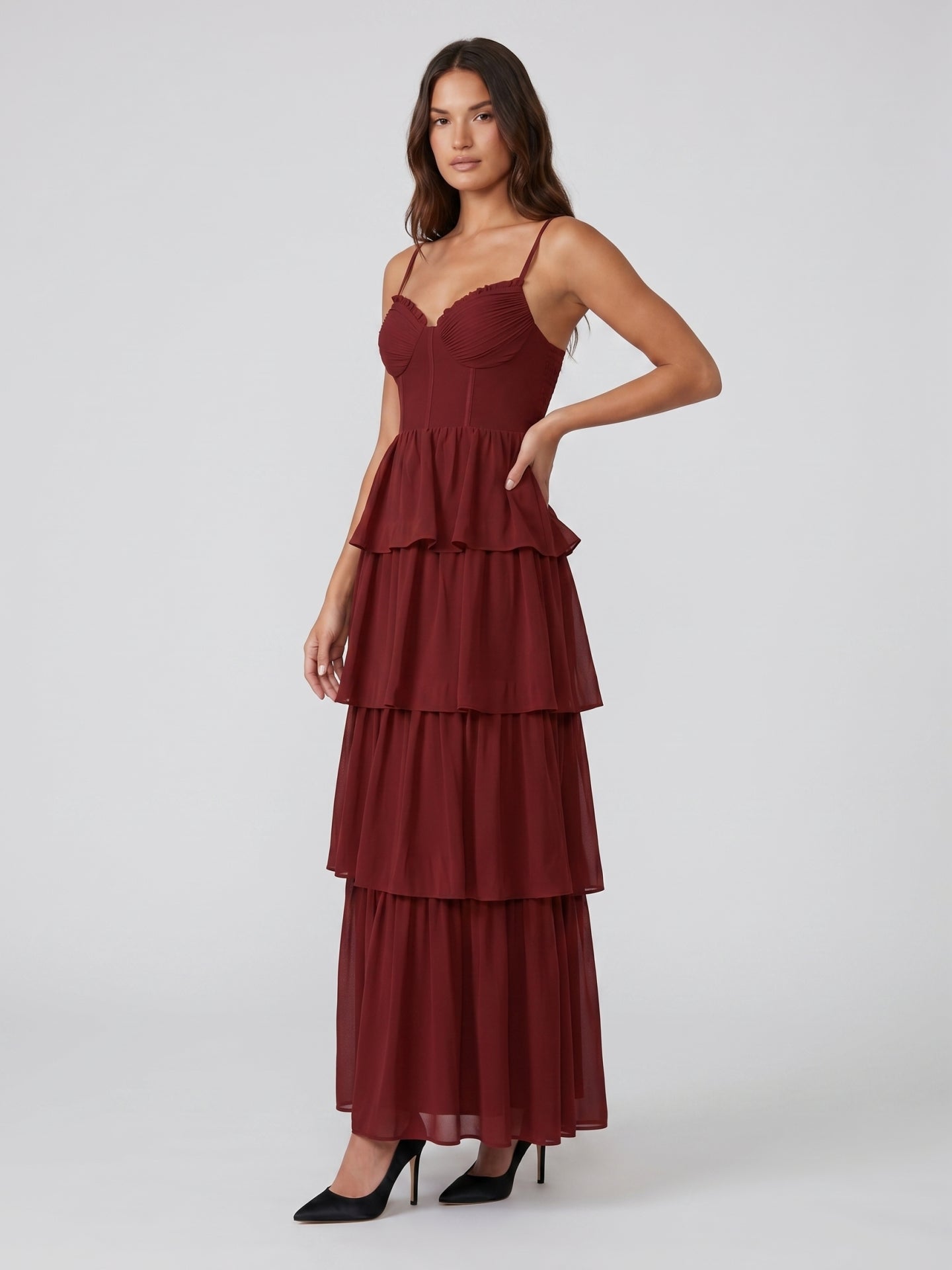 Burgundy Chiffon A-Line Sweetheart Backless Ankle-Length Bridesmaid Dress with Ruffles
