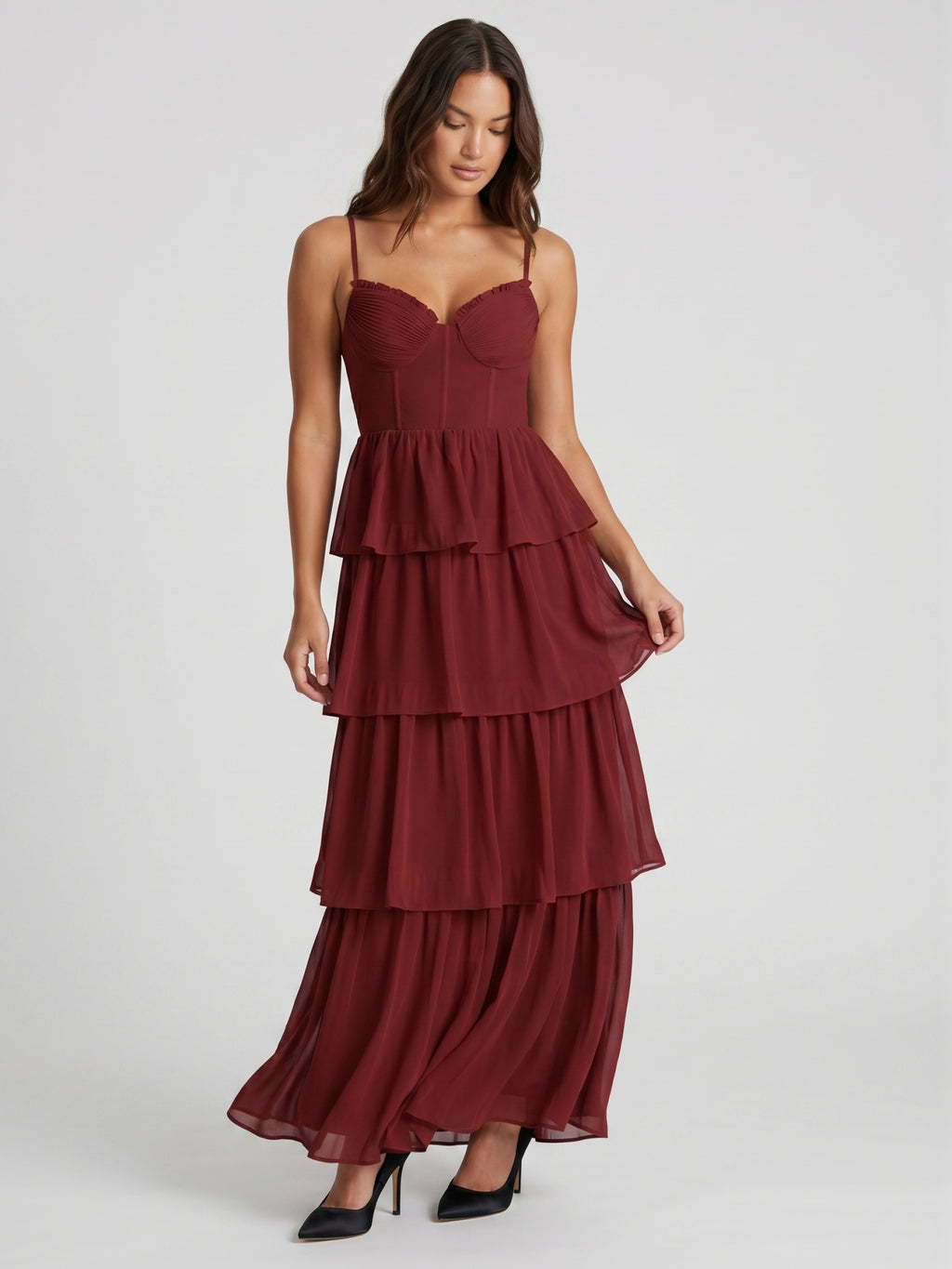 Burgundy Chiffon A-Line Sweetheart Backless Ankle-Length Bridesmaid Dress with Ruffles