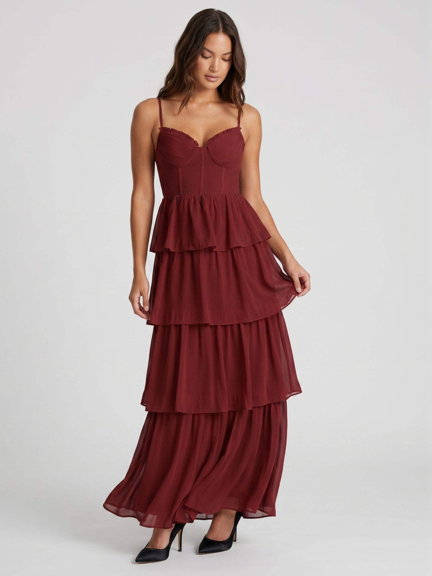 Burgundy Chiffon A-Line Sweetheart Backless Ankle-Length Bridesmaid Dress with Ruffles