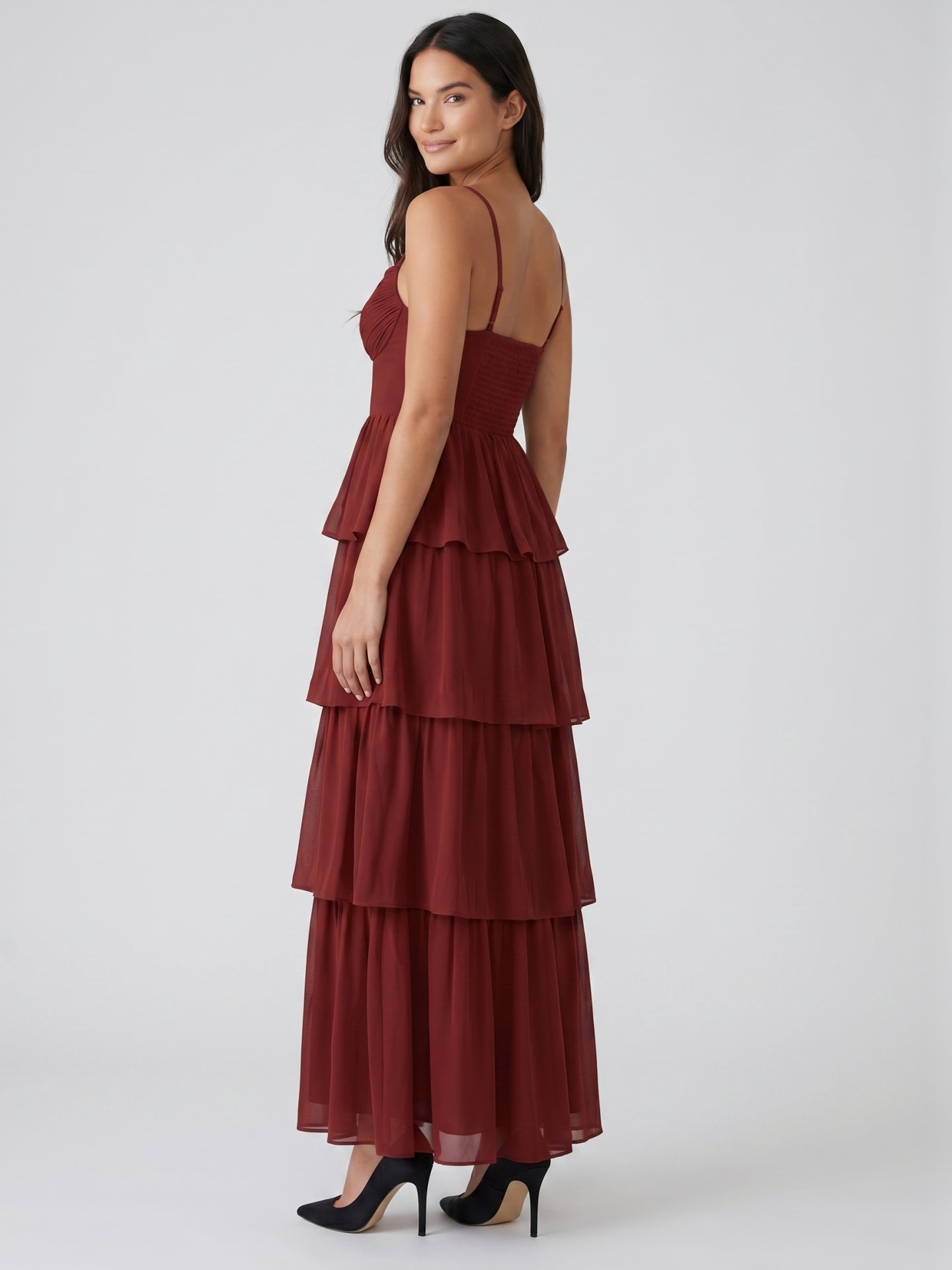Burgundy Chiffon A-Line Sweetheart Backless Ankle-Length Bridesmaid Dress with Ruffles