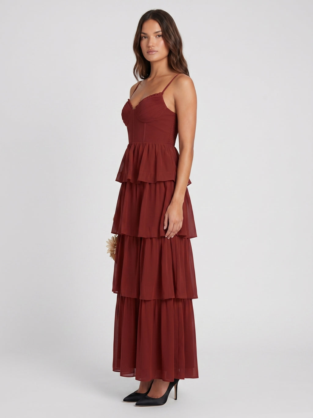 Burgundy Chiffon A-Line Sweetheart Backless Ankle-Length Bridesmaid Dress with Ruffles