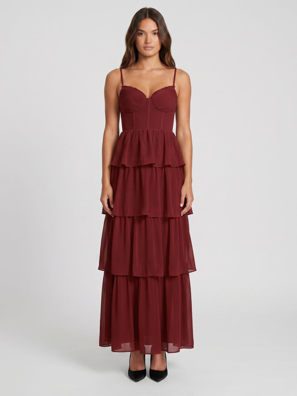 Burgundy Chiffon A-Line Sweetheart Backless Ankle-Length Bridesmaid Dress with Ruffles