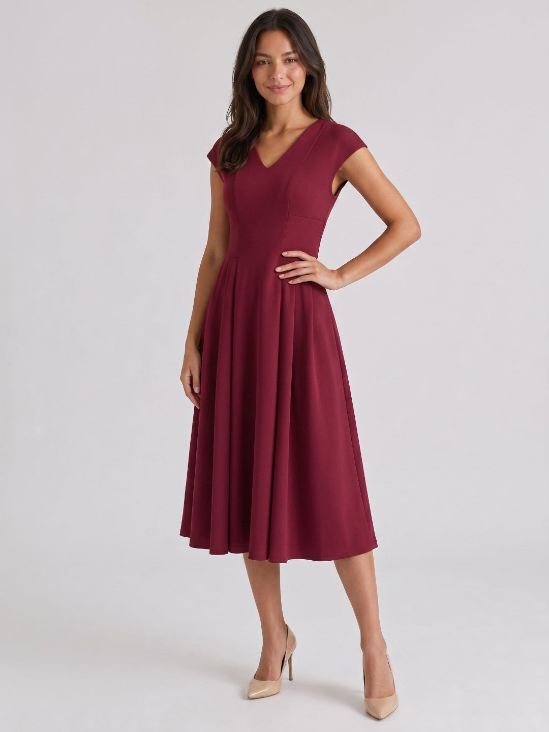 Burgundy Stretch Knit A-Line V-Neck Back Zip Tea-Length Dress with Pleating