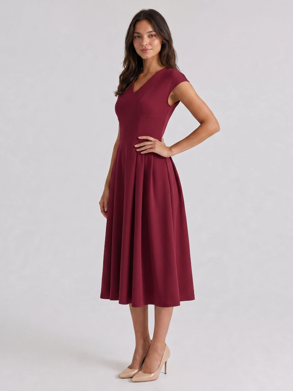 Burgundy Stretch Knit A-Line V-Neck Back Zip Tea-Length Dress with Pleating
