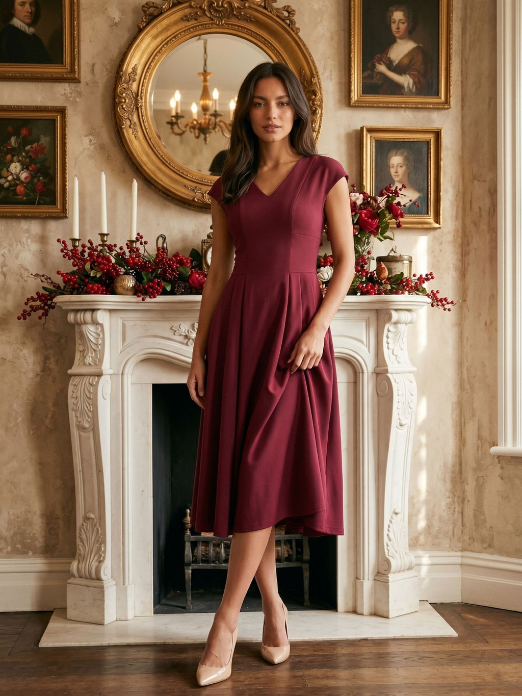 Burgundy Stretch Knit A-Line V-Neck Back Zip Tea-Length Dress with Pleating