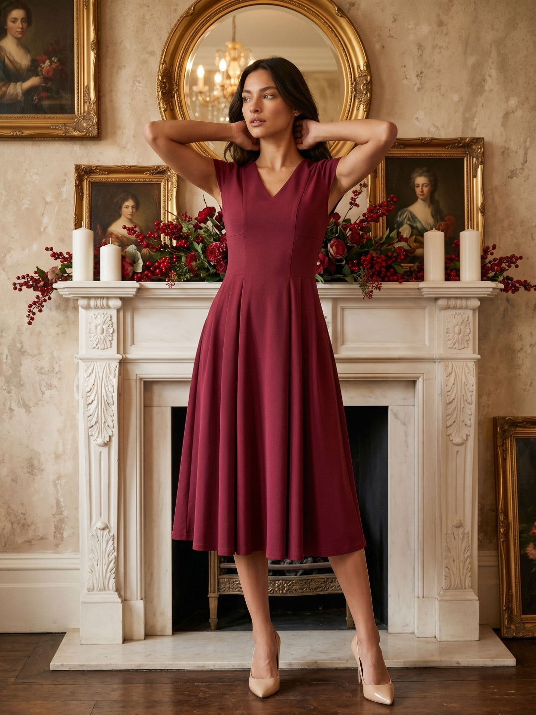 Burgundy Stretch Knit A-Line V-Neck Back Zip Tea-Length Dress with Pleating