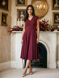 Burgundy Stretch Knit A-Line V-Neck Back Zip Tea-Length Dress with Pleating