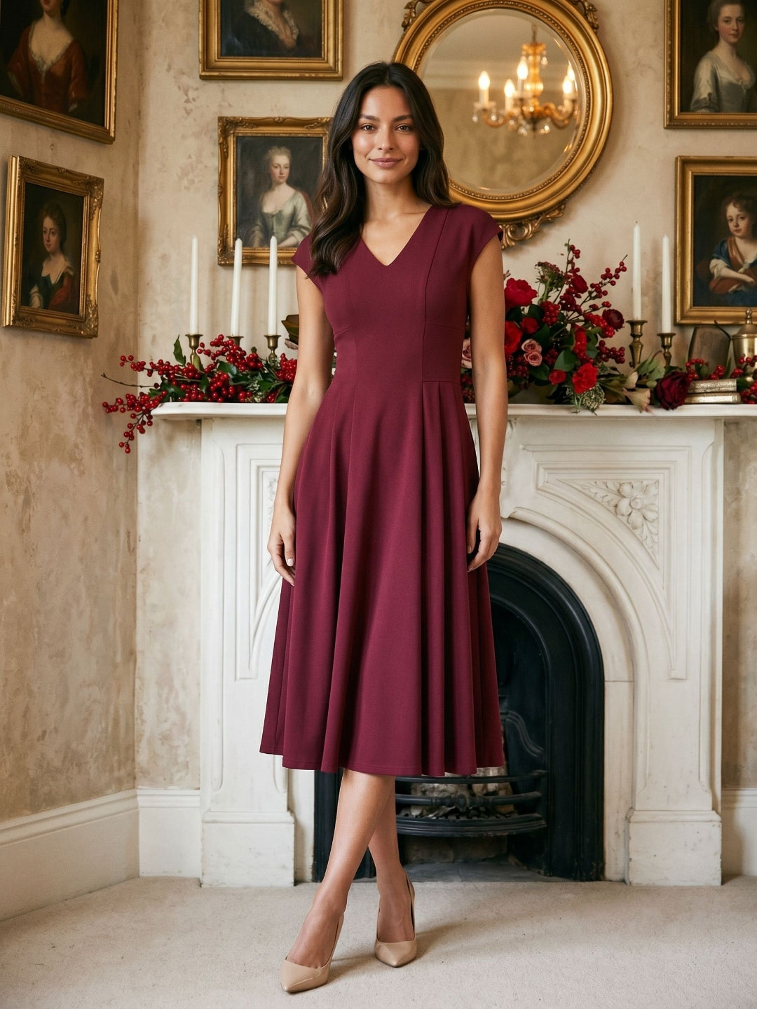 Burgundy Stretch Knit A-Line V-Neck Back Zip Tea-Length Dress with Pleating