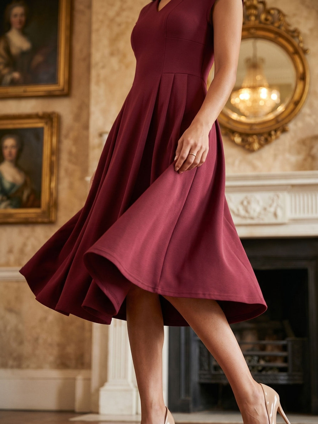Burgundy Stretch Knit A-Line V-Neck Back Zip Tea-Length Dress with Pleating