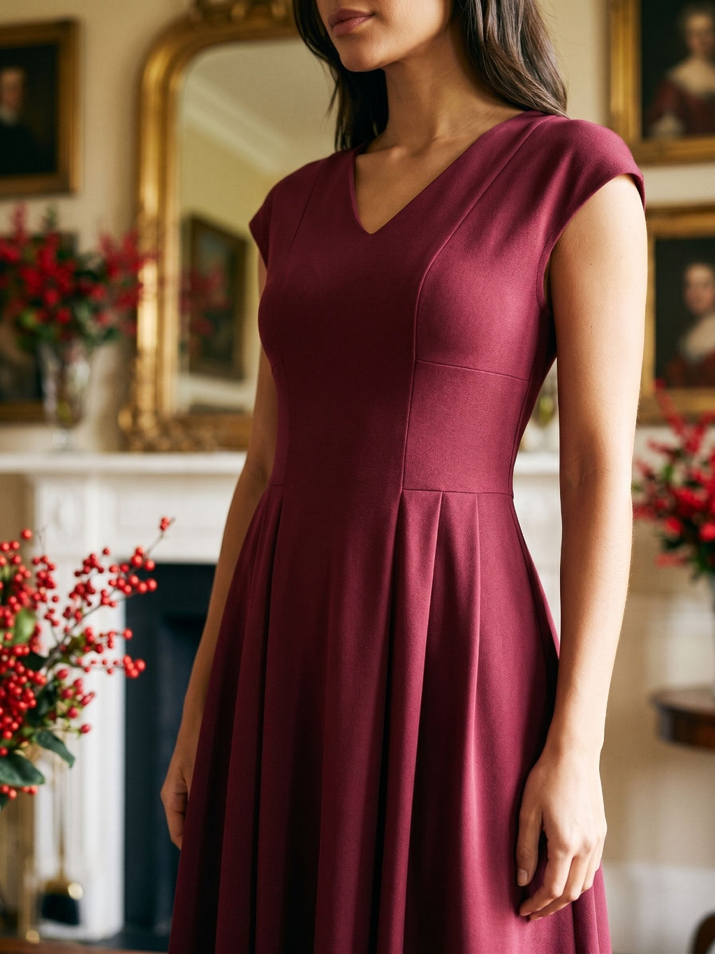 Burgundy Stretch Knit A-Line V-Neck Back Zip Tea-Length Dress with Pleating