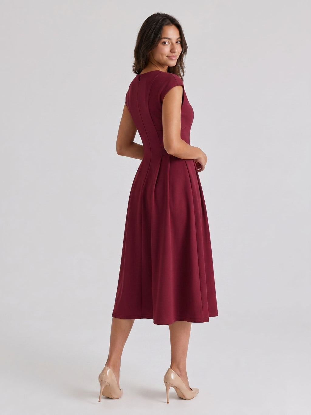 Burgundy Stretch Knit A-Line V-Neck Back Zip Tea-Length Dress with Pleating