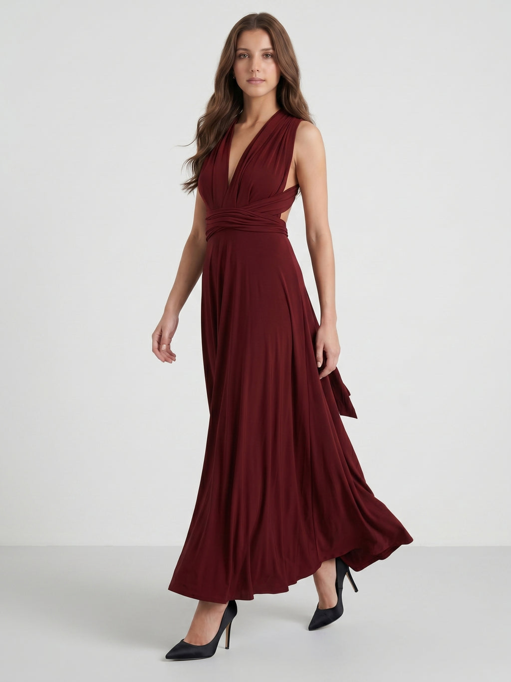 Burgundy Stretch Knit A-Line V-Neck Criss-Cross Straps Ankle Bridesmaid Dress with Pleats