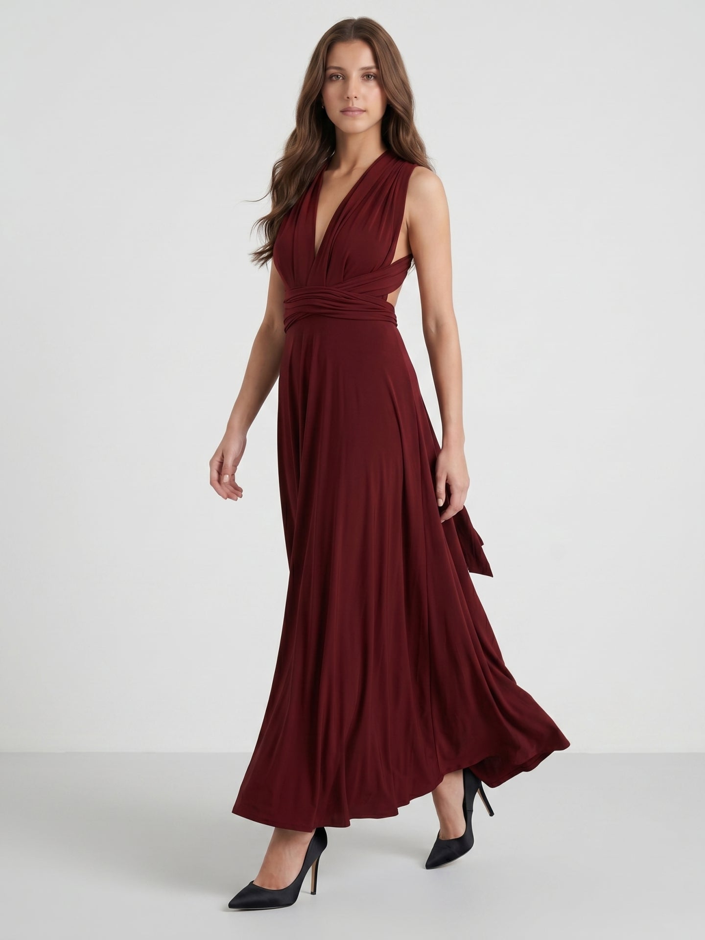 Burgundy Stretch Knit A-Line V-Neck Criss-Cross Straps Ankle Bridesmaid Dress with Pleats