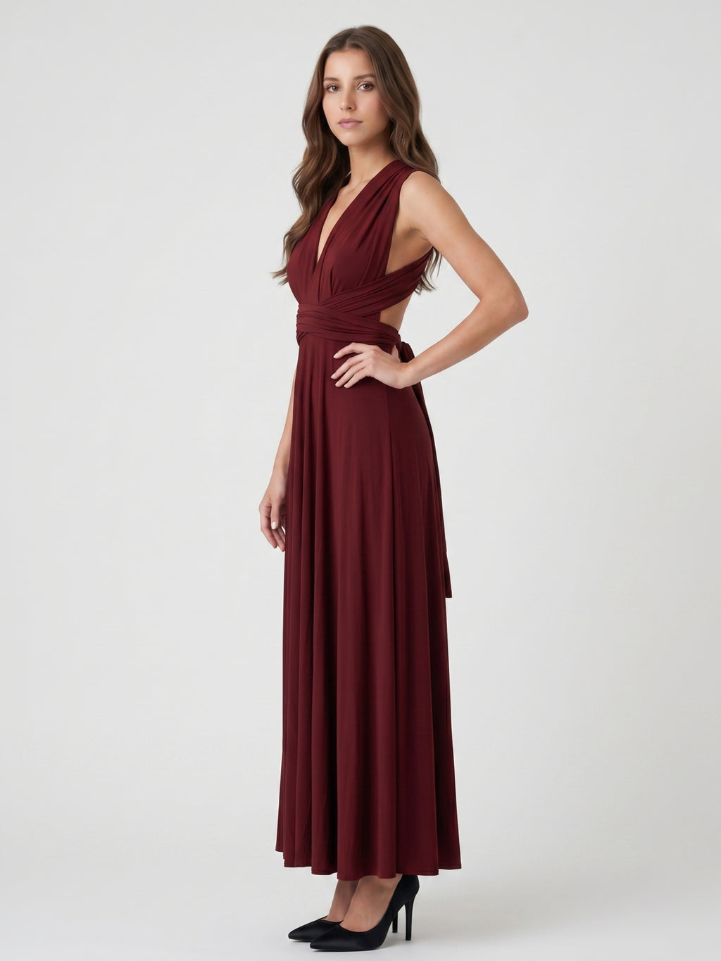 Burgundy Stretch Knit A-Line V-Neck Criss-Cross Straps Ankle Bridesmaid Dress with Pleats