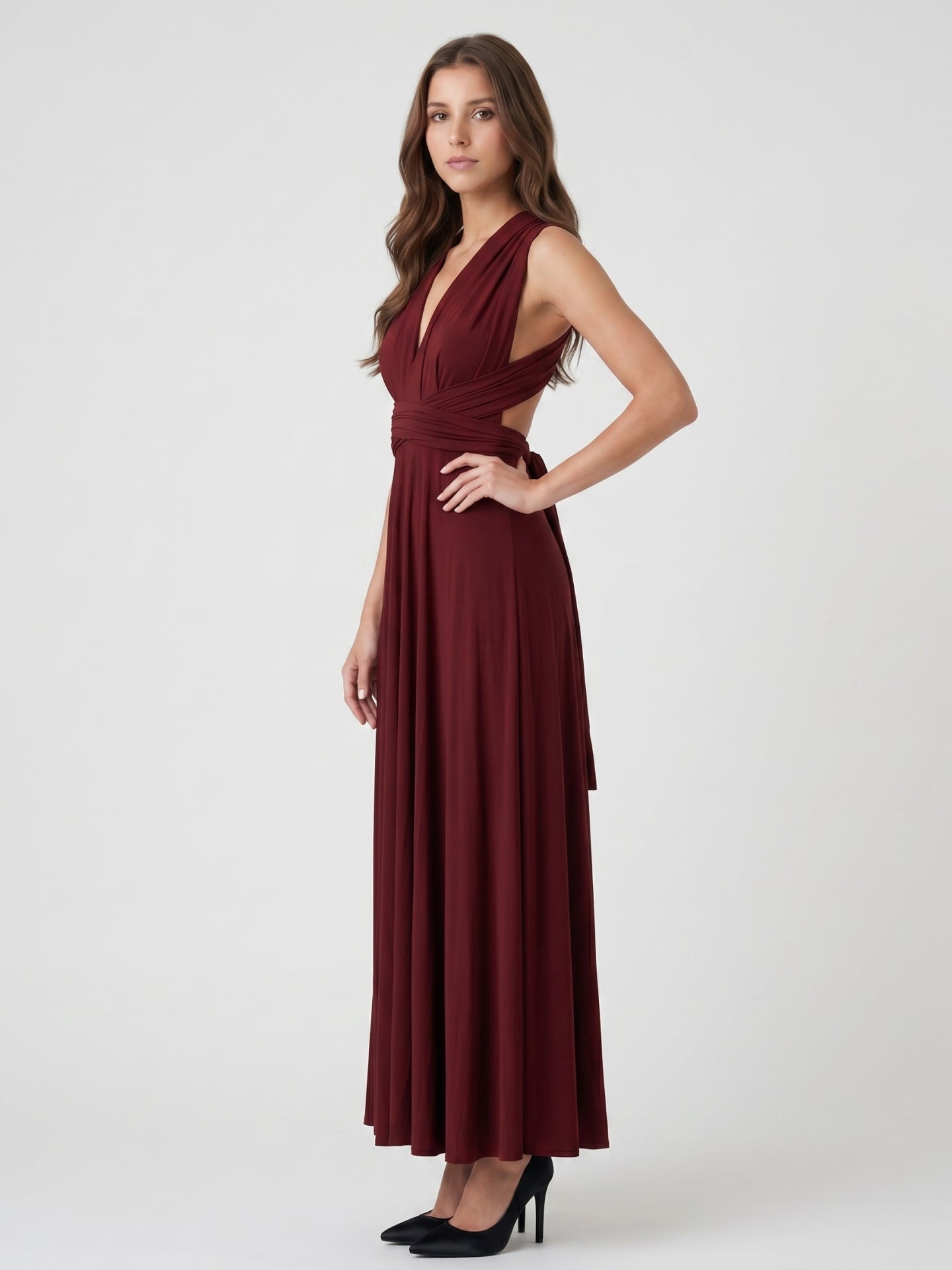Burgundy Stretch Knit A-Line V-Neck Criss-Cross Straps Ankle Bridesmaid Dress with Pleats