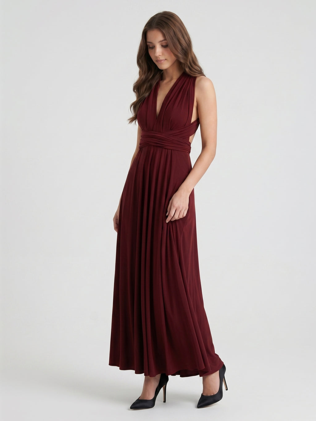 Burgundy Stretch Knit A-Line V-Neck Criss-Cross Straps Ankle Bridesmaid Dress with Pleats