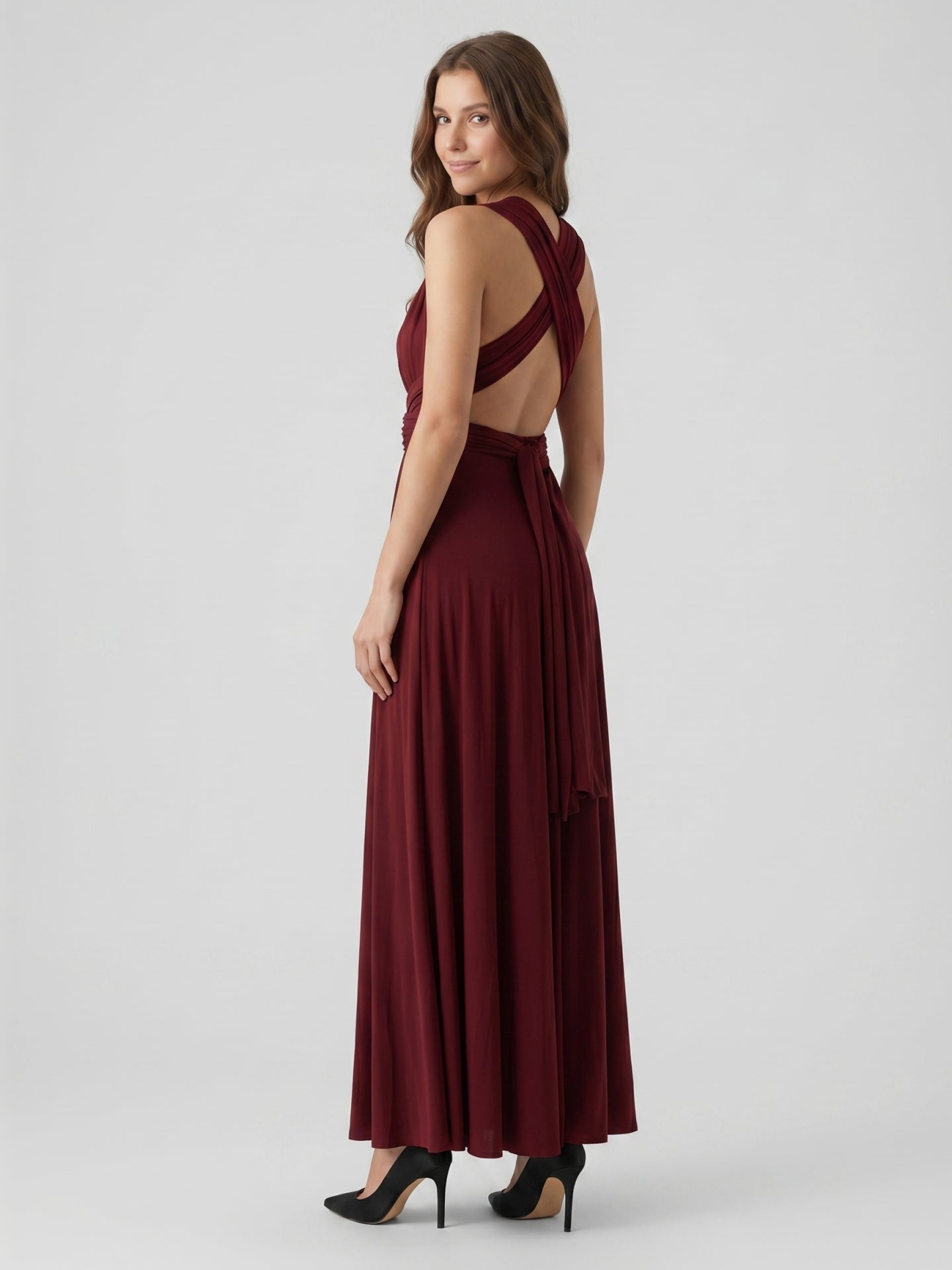 Burgundy Stretch Knit A-Line V-Neck Criss-Cross Straps Ankle Bridesmaid Dress with Pleats