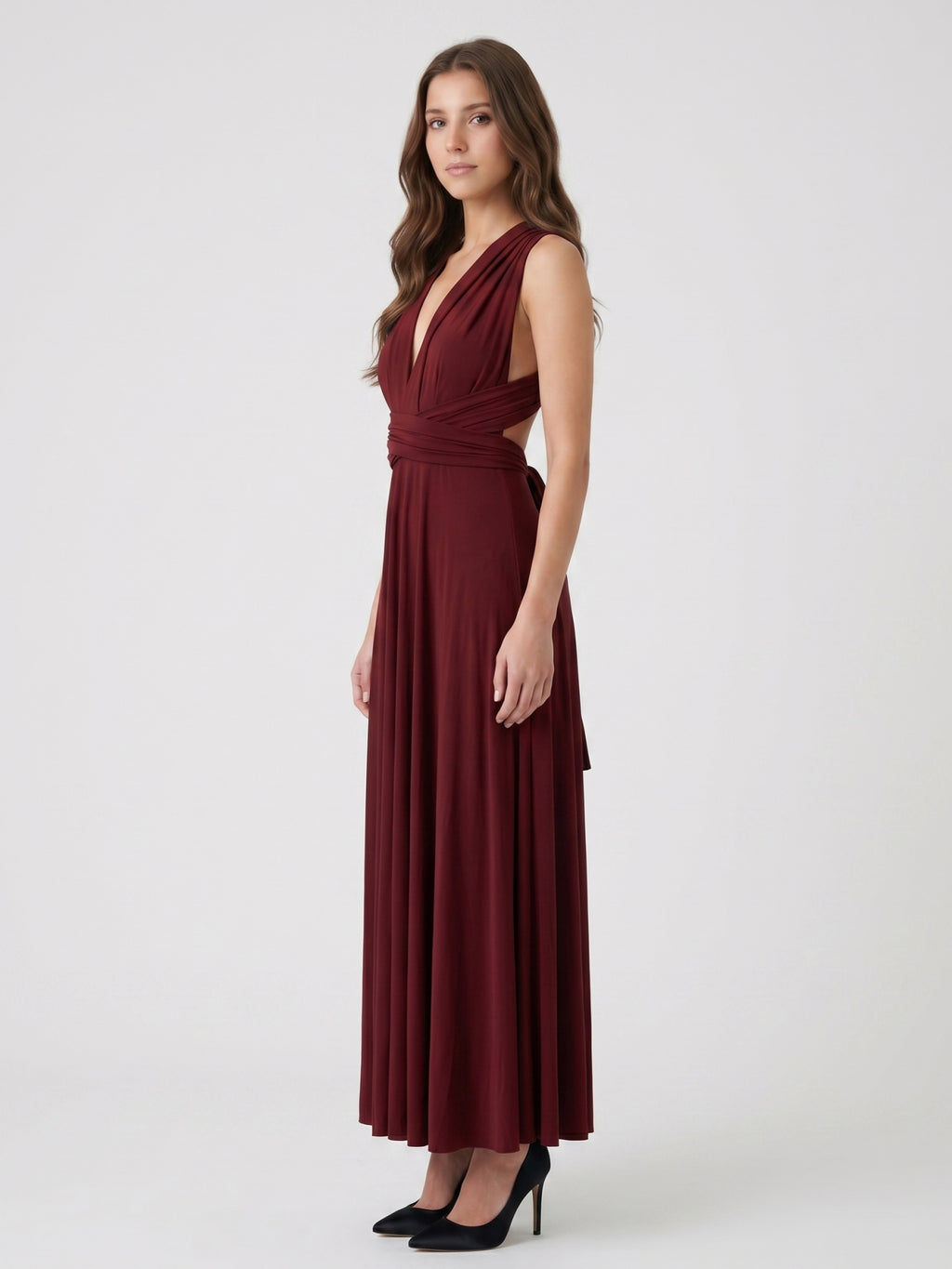 Burgundy Stretch Knit A-Line V-Neck Criss-Cross Straps Ankle Bridesmaid Dress with Pleats