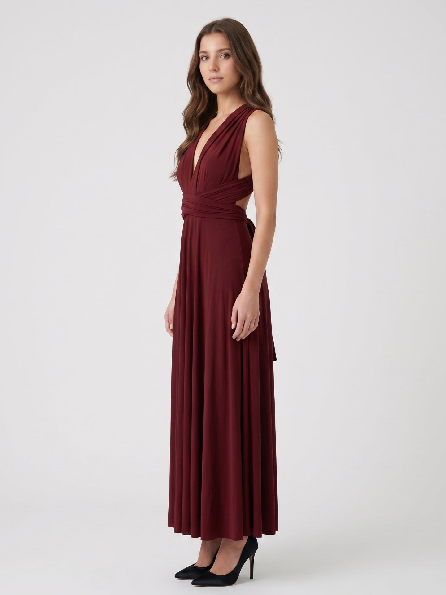 Burgundy Stretch Knit A-Line V-Neck Criss-Cross Straps Ankle Bridesmaid Dress with Pleats