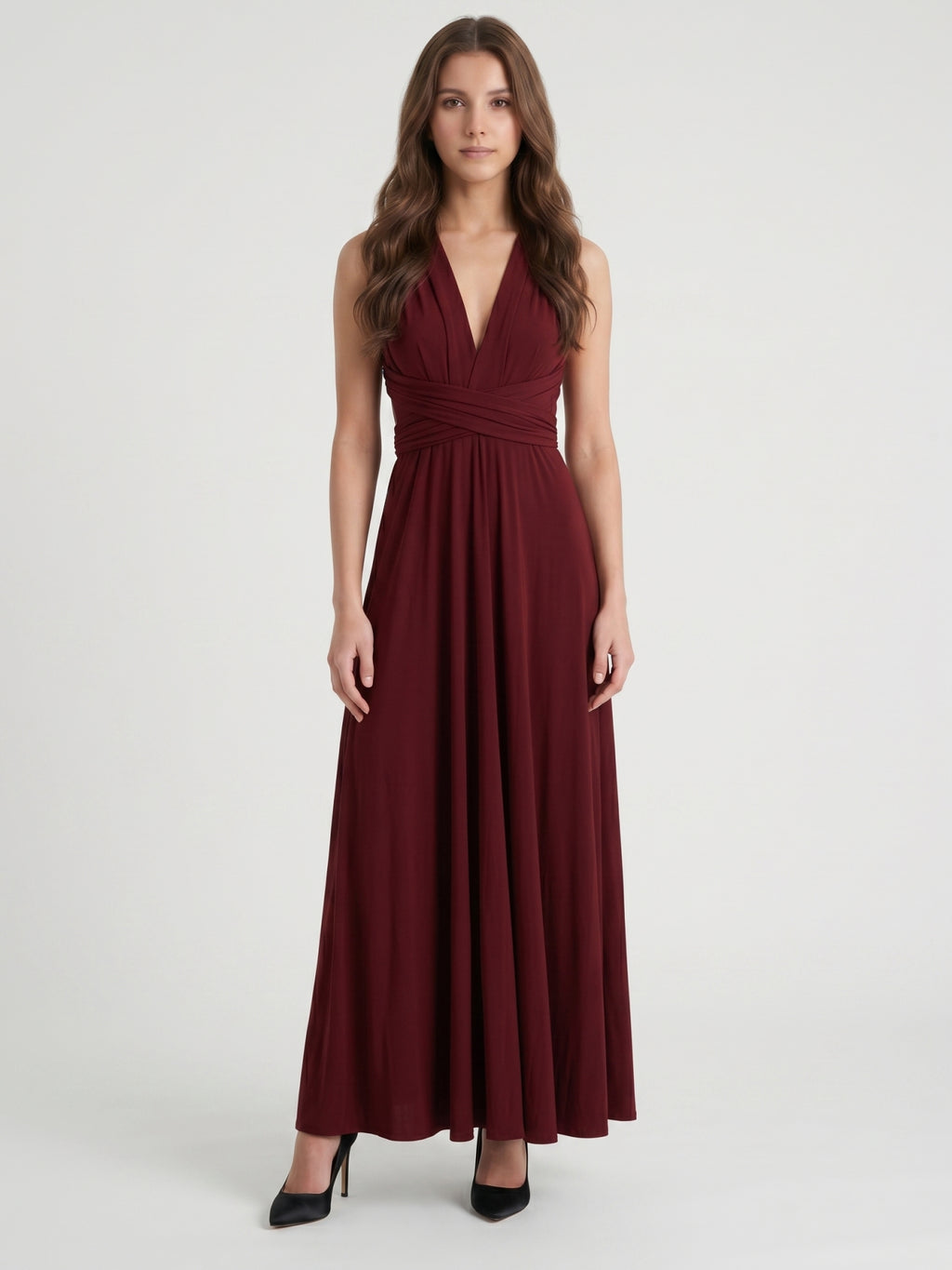 Burgundy Stretch Knit A-Line V-Neck Criss-Cross Straps Ankle Bridesmaid Dress with Pleats