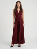 Burgundy Stretch Knit A-Line V-Neck Criss-Cross Straps Ankle Bridesmaid Dress with Pleats