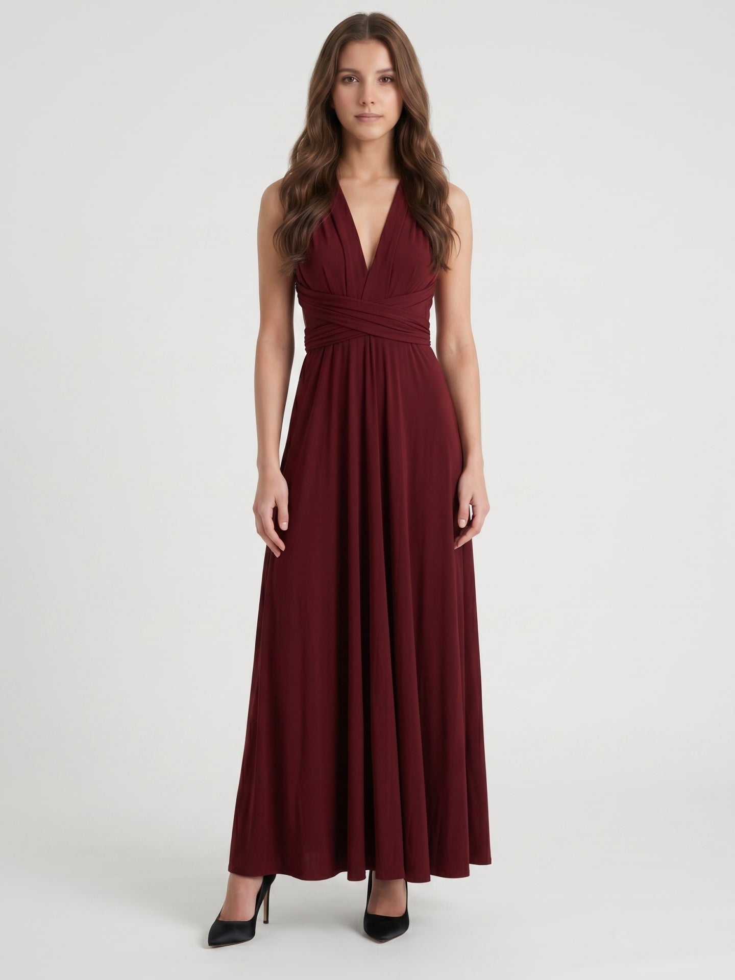 Burgundy Stretch Knit A-Line V-Neck Criss-Cross Straps Ankle Bridesmaid Dress with Pleats