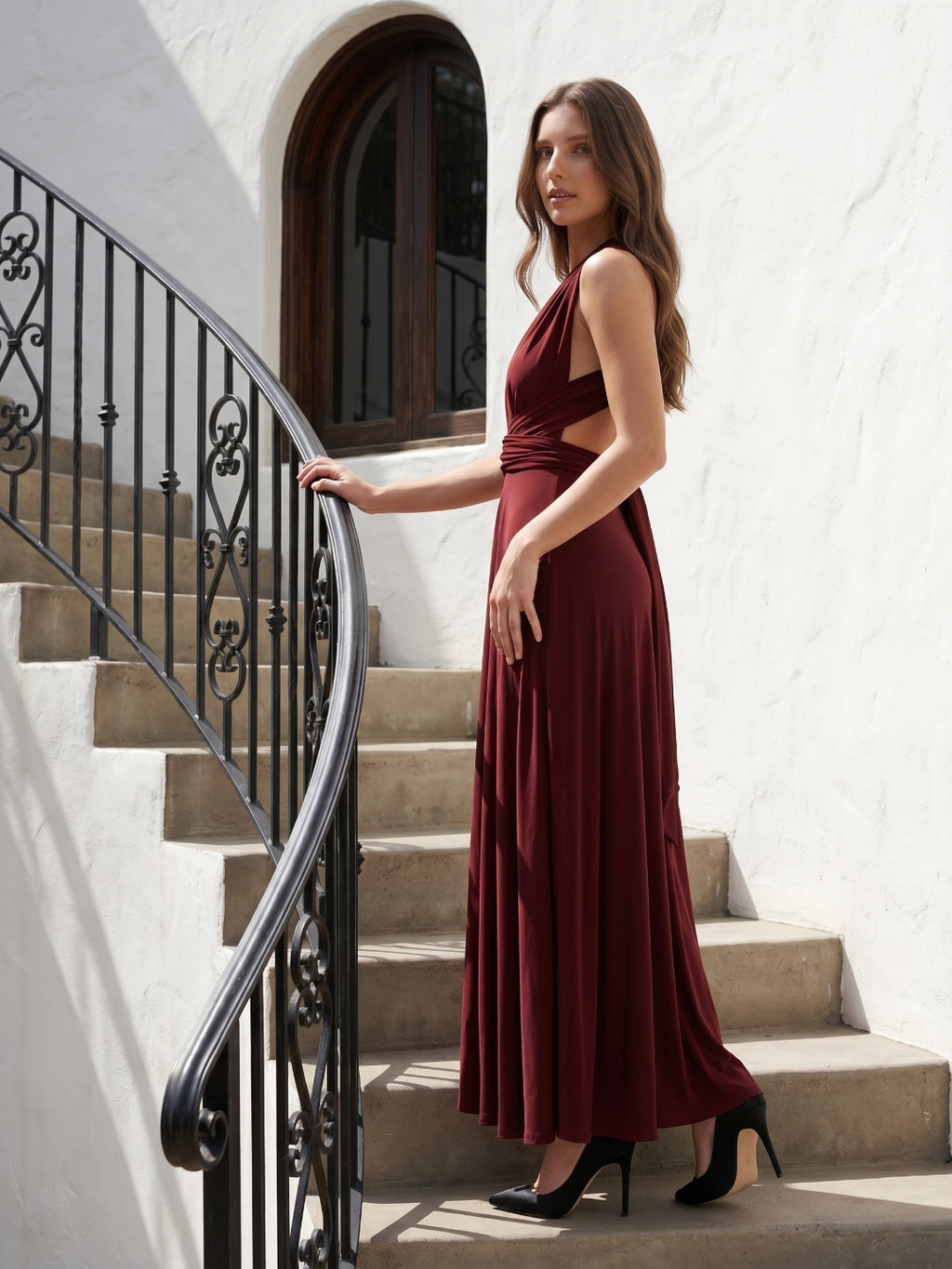 Burgundy Stretch Knit A-Line V-Neck Criss-Cross Straps Ankle Bridesmaid Dress with Pleats