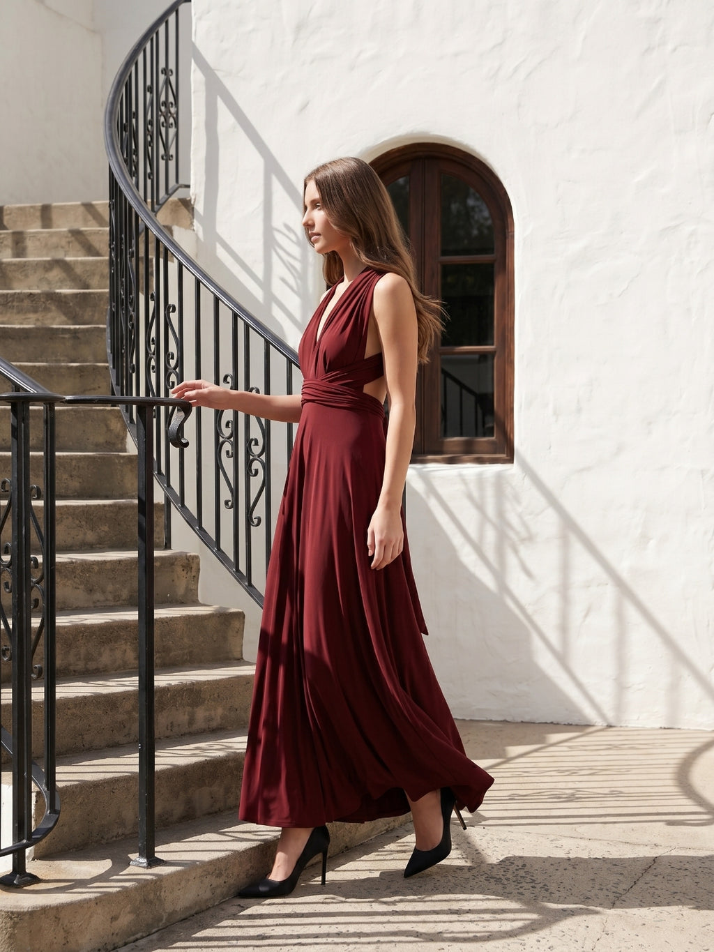 Burgundy Stretch Knit A-Line V-Neck Criss-Cross Straps Ankle Bridesmaid Dress with Pleats