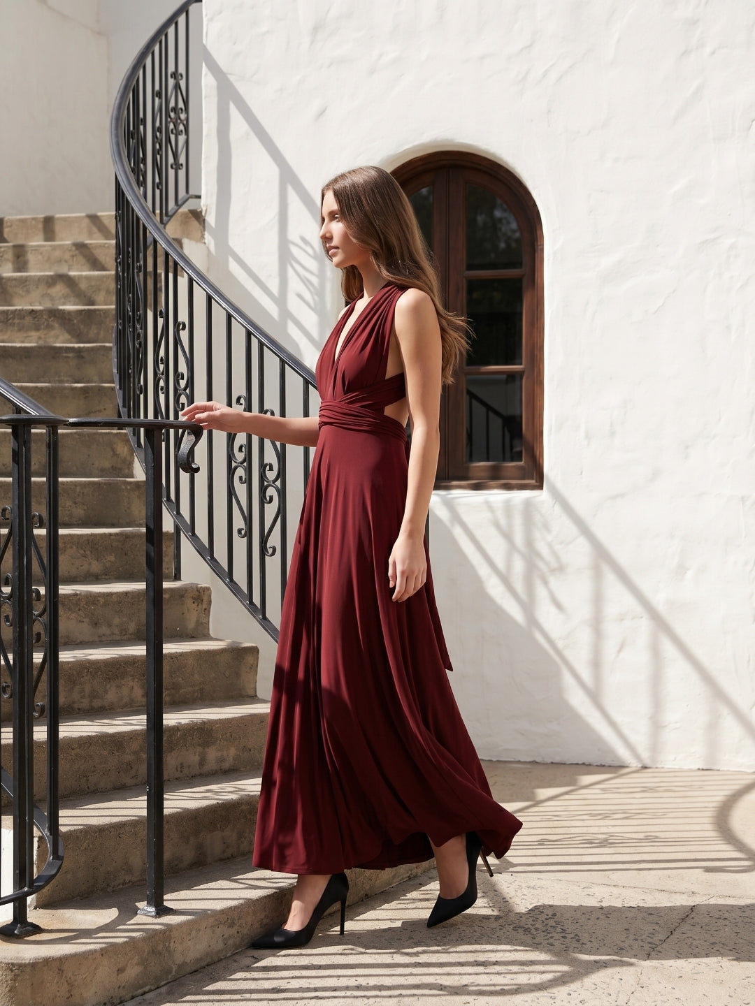 Burgundy Stretch Knit A-Line V-Neck Criss-Cross Straps Ankle Bridesmaid Dress with Pleats