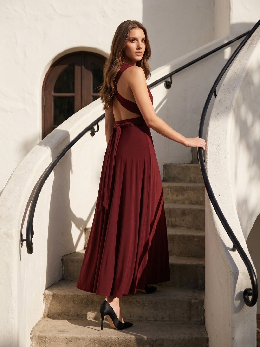 Burgundy Stretch Knit A-Line V-Neck Criss-Cross Straps Ankle Bridesmaid Dress with Pleats