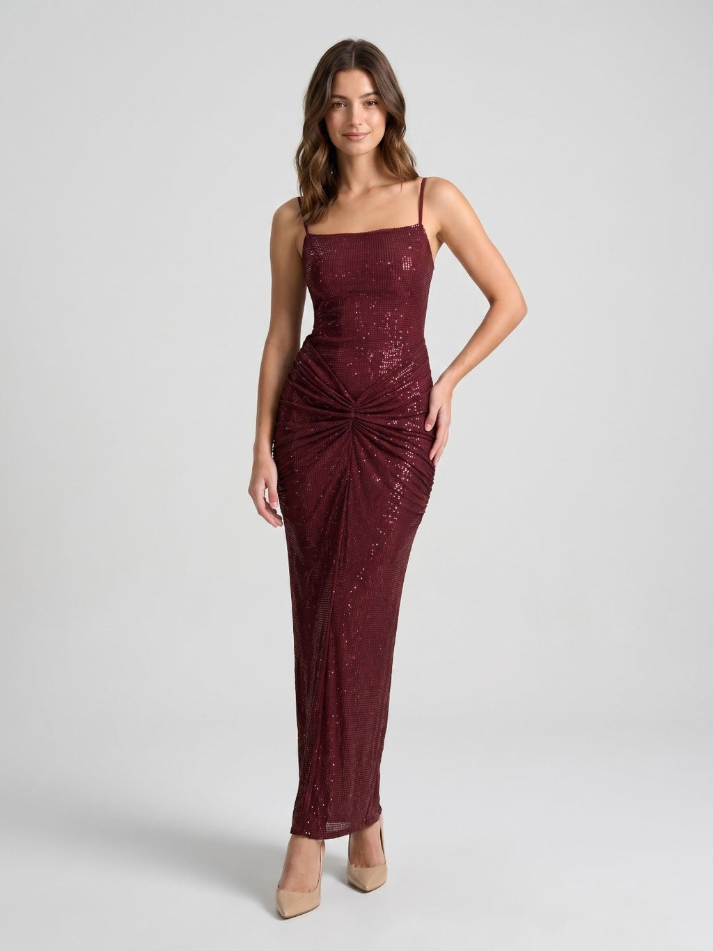 Burgundy Stretch Knit Sheath Backless Floor-Length Dress