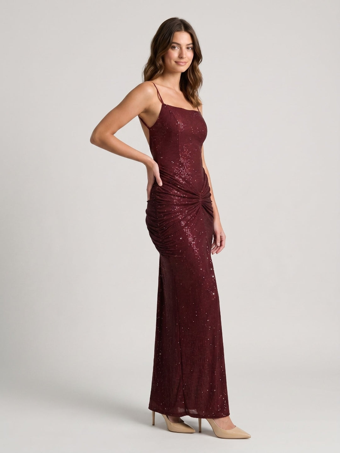 Burgundy Stretch Knit Sheath Backless Floor-Length Dress