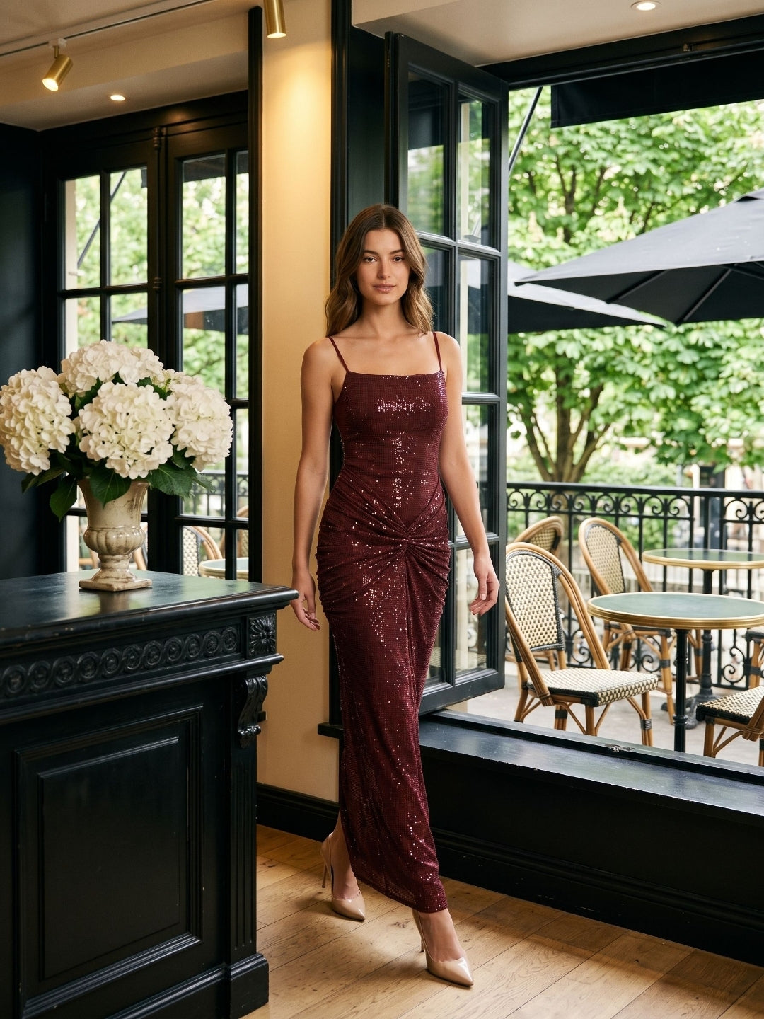 Burgundy Stretch Knit Sheath Backless Floor-Length Dress