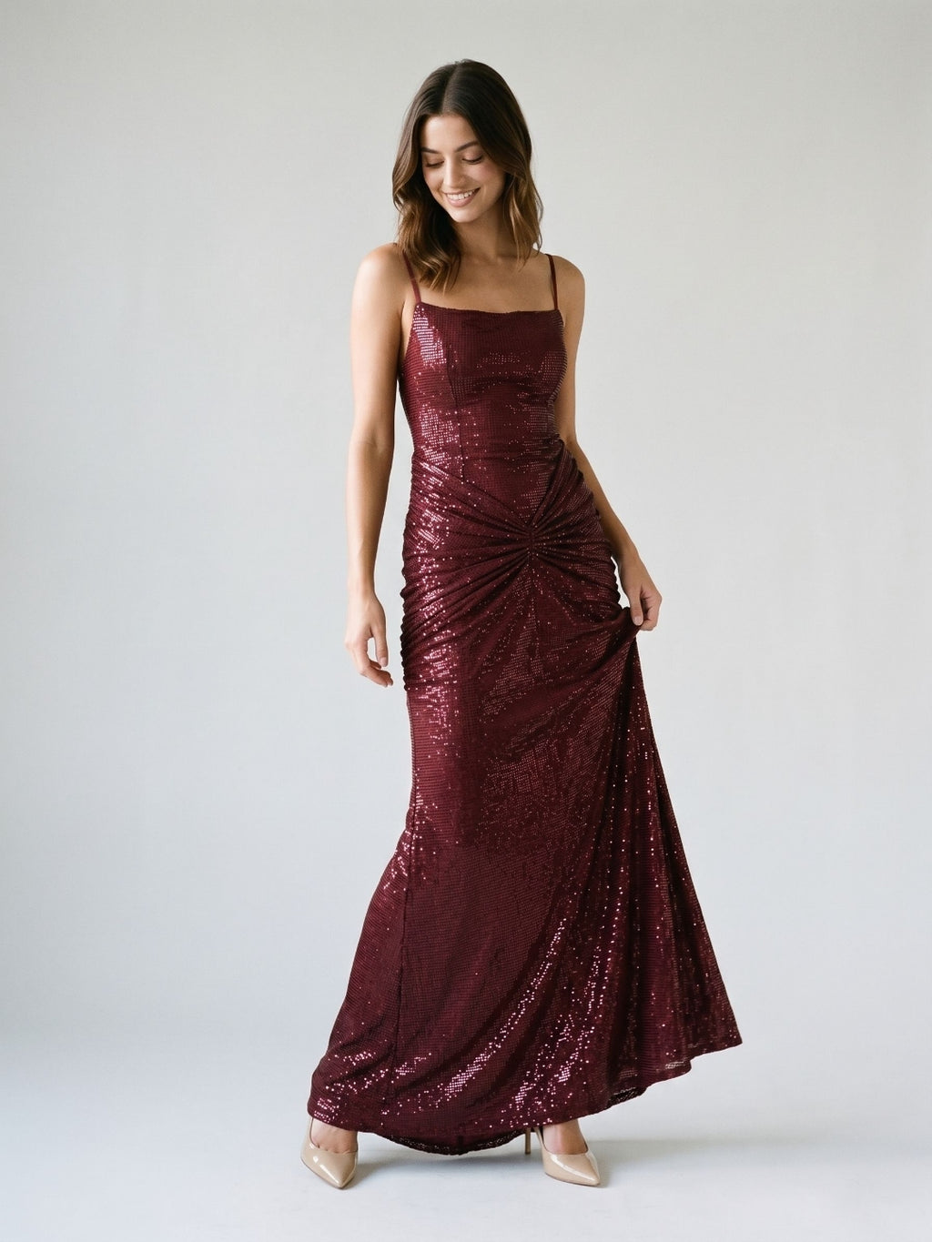 Burgundy Stretch Knit Sheath Backless Floor-Length Dress