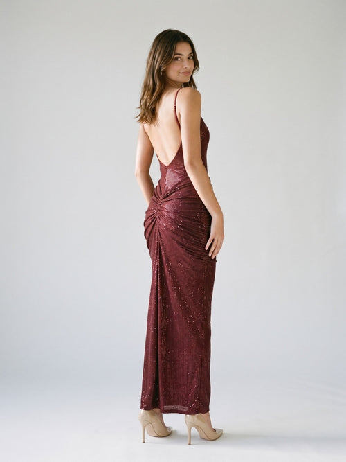 Burgundy Stretch Knit Sheath Backless Floor-Length Dress