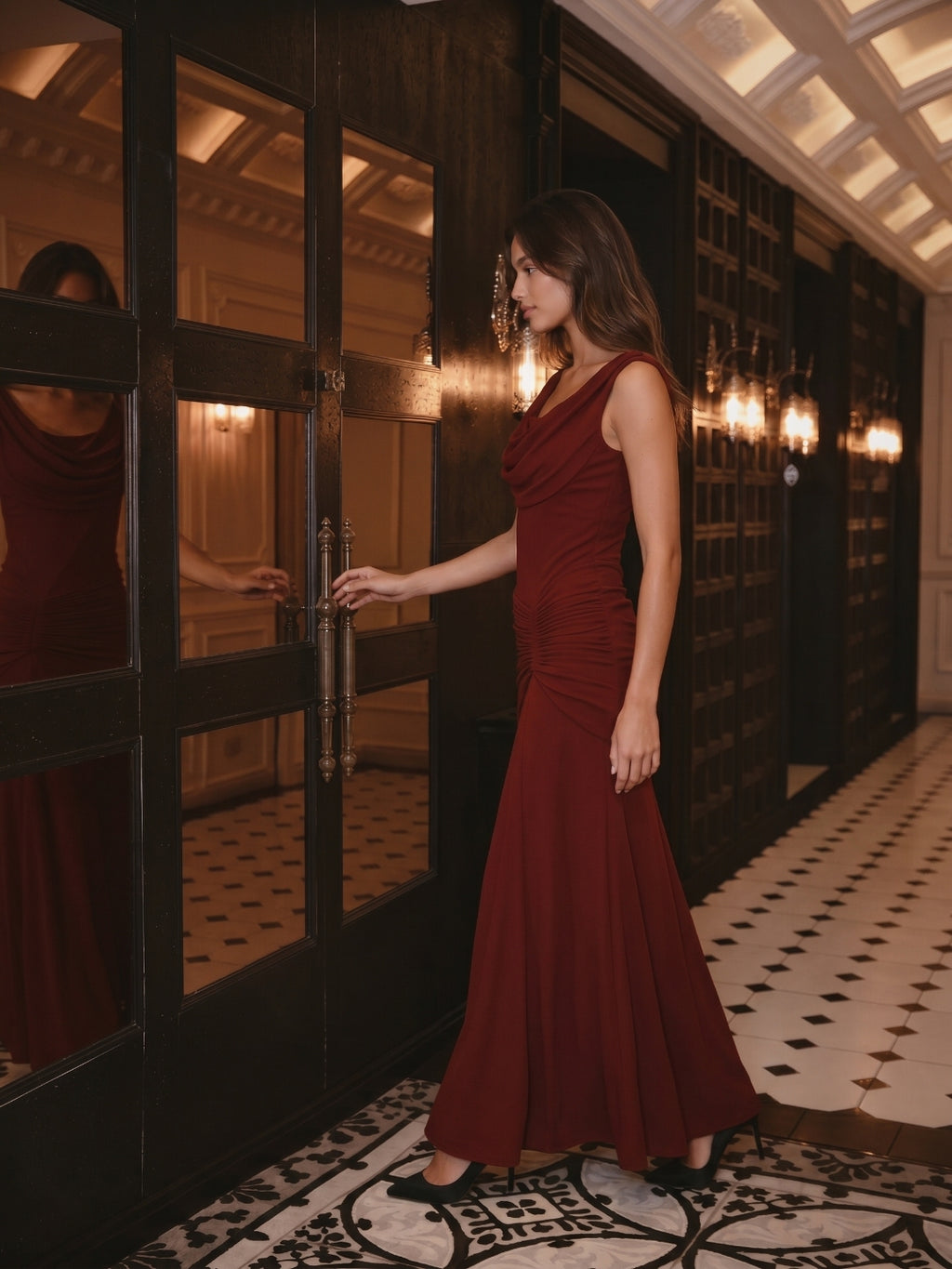 Burgundy Stretch Knit Sheath Scoop Neck Asymmetrical Prom Dress with Back Zip