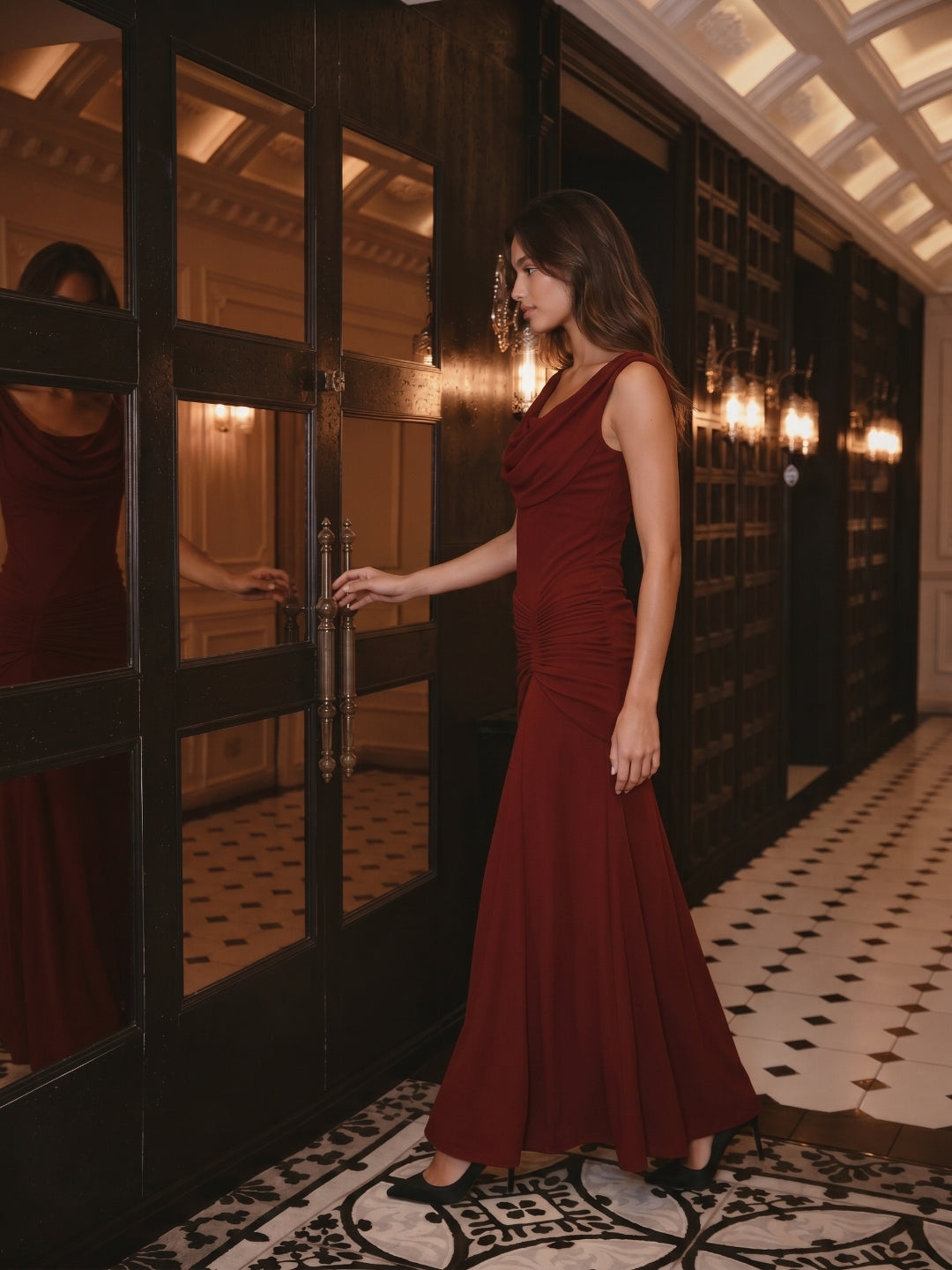 Burgundy Stretch Knit Sheath Scoop Neck Asymmetrical Prom Dress with Back Zip