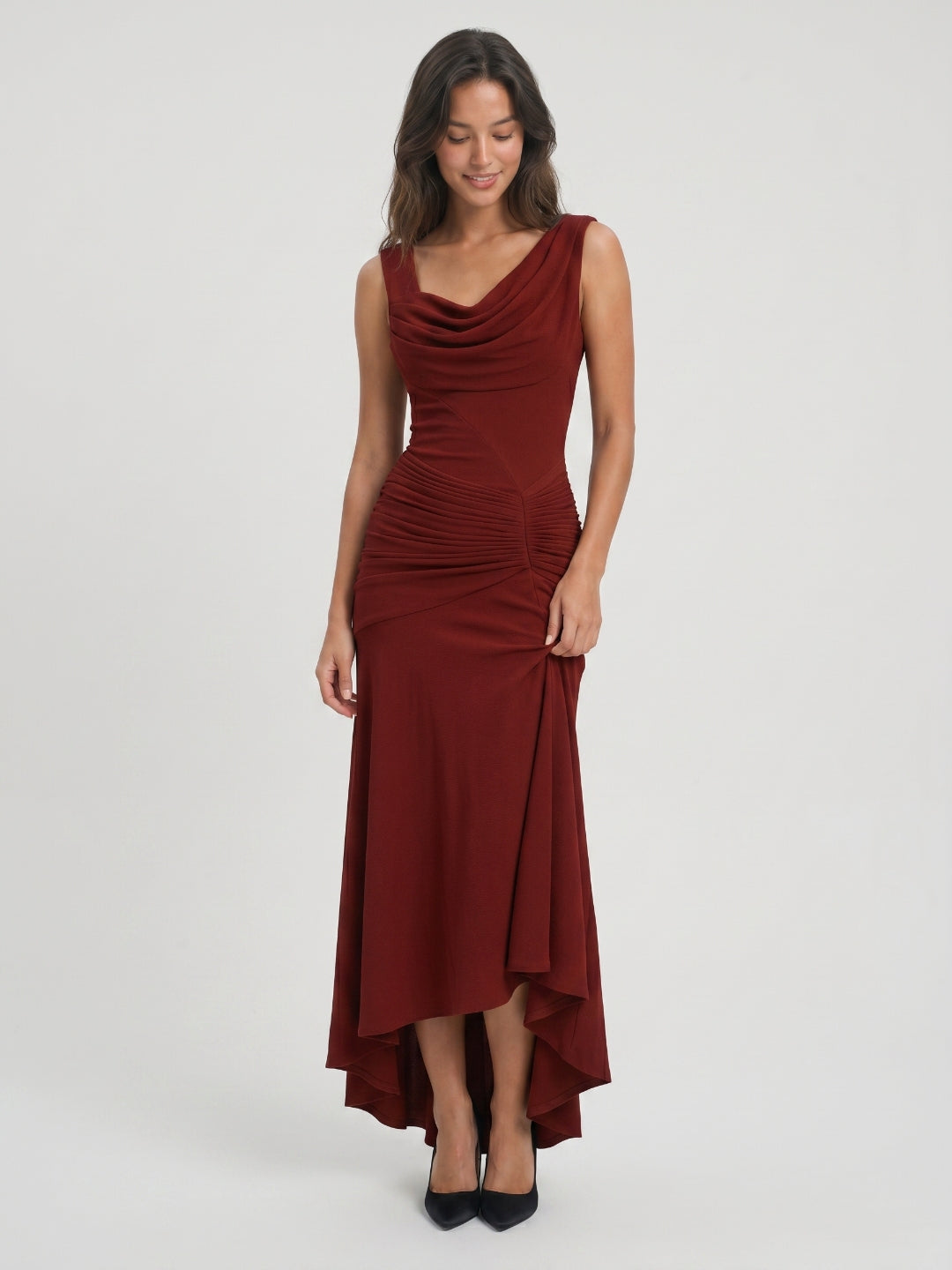 Burgundy Stretch Knit Sheath Scoop Neck Asymmetrical Prom Dress with Back Zip